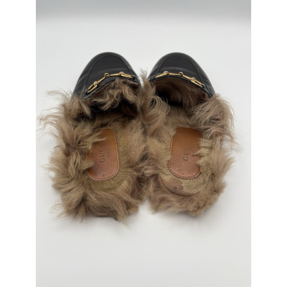 Gucci Black Leather Princetown Loafer Mule Fur Lined Horse-bit Accent Sz EU 37.5 - Picture 7 of 11